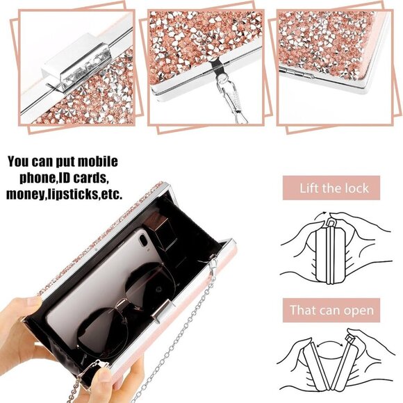 Women Rhinestone Clutch Bag Jewelry Set Rose Gold Evening Party Accessories - Picture 3 of 7